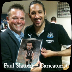 Paul Slattery Caricaturist Tyne & Wear with NUFC player Jonas G
